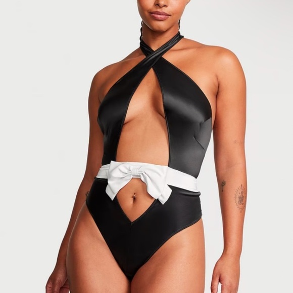 New! Victoria’s Secret Bow-Topped High-Neck Teddy black 4315 - Picture 2 of 10